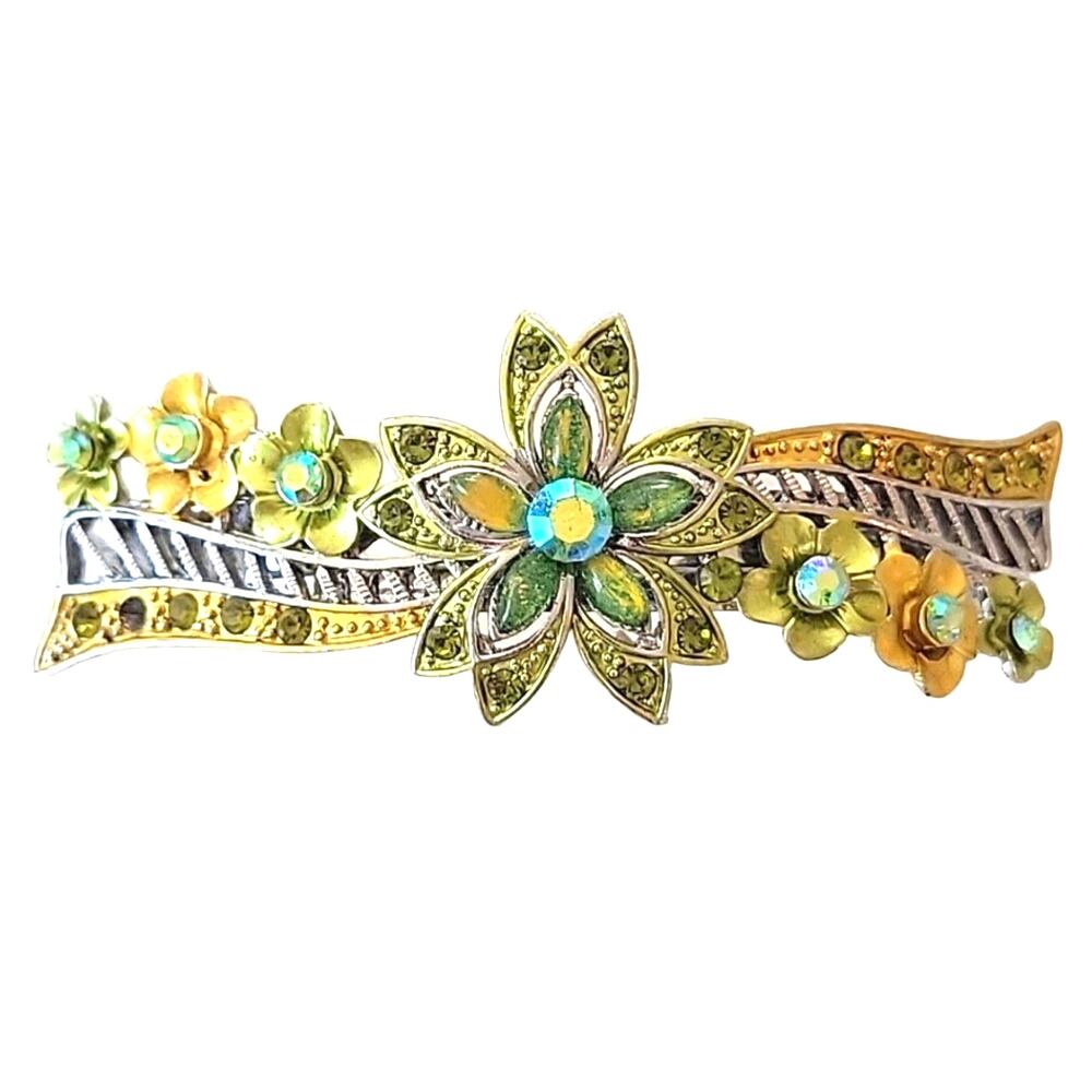 Rhinestone Hair Clip Piece Gold and Green on Silver Floral Glittery 3.5" - Flaw
